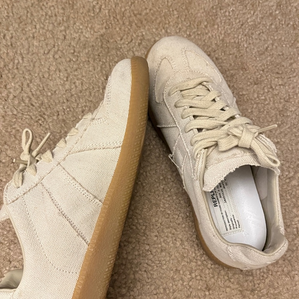 Maison Margiela off white linen replica sneakers in beige 5/5.5